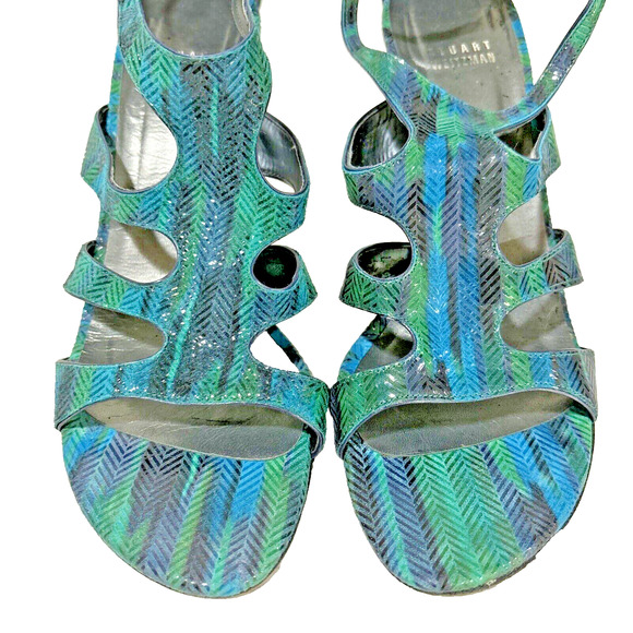 Stuart Weitzman Blue Green Purple High Heel Sandals Size 9 Ankle Strap Buckles - Picture 13 of 13